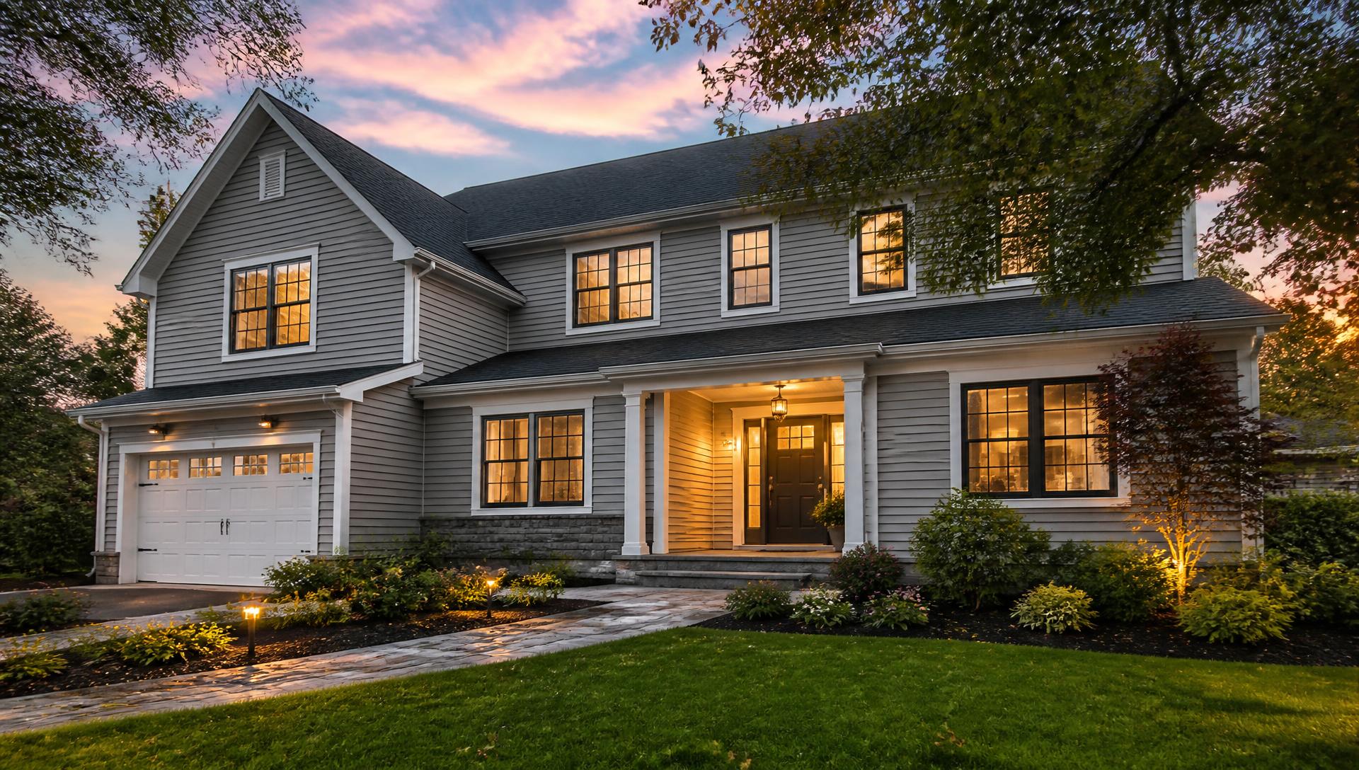 Renovated two-story New Jersey home exterior at dusk with new siding, trim and windows