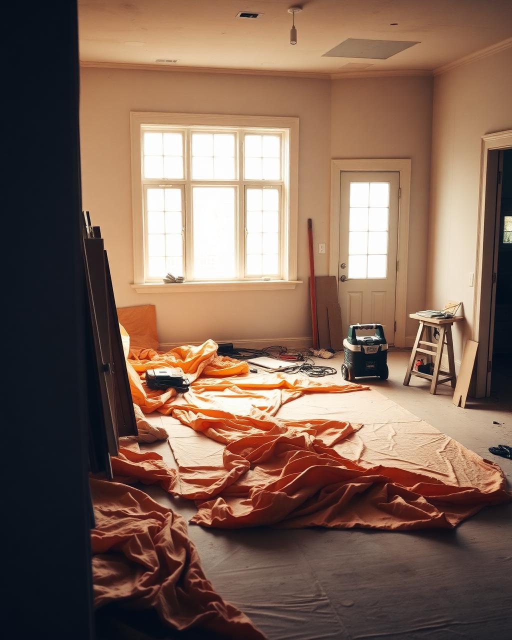 Residential interior mid-renovation with drop cloths laid and tools organized